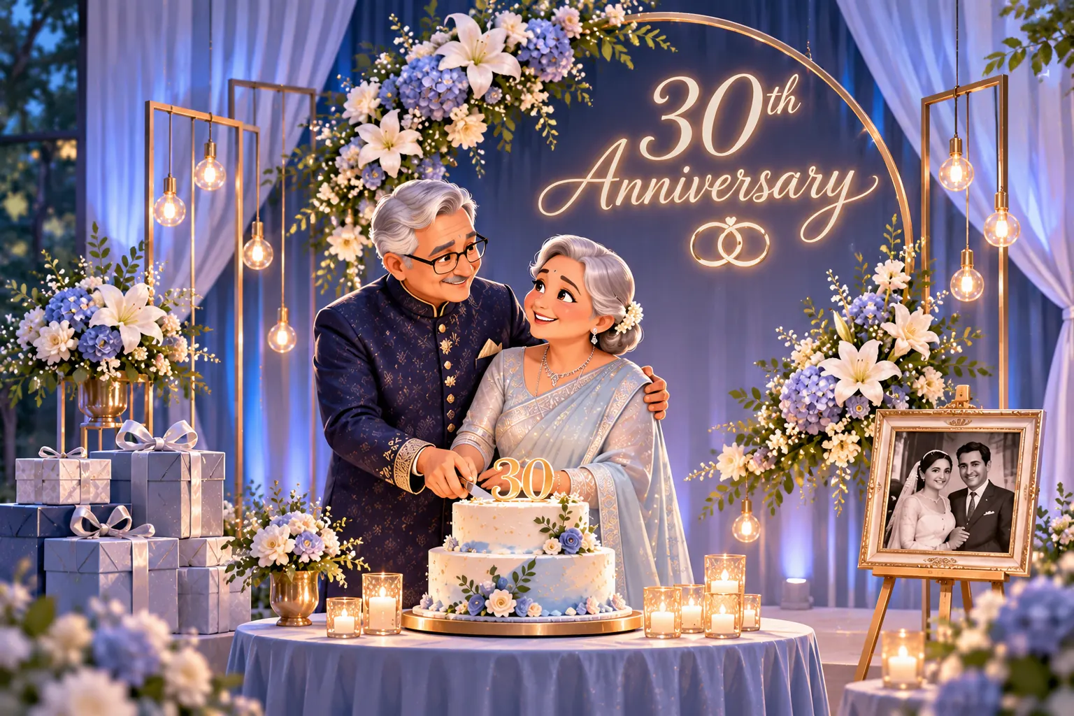 An older couple cutting their thirtieth anniversary cake