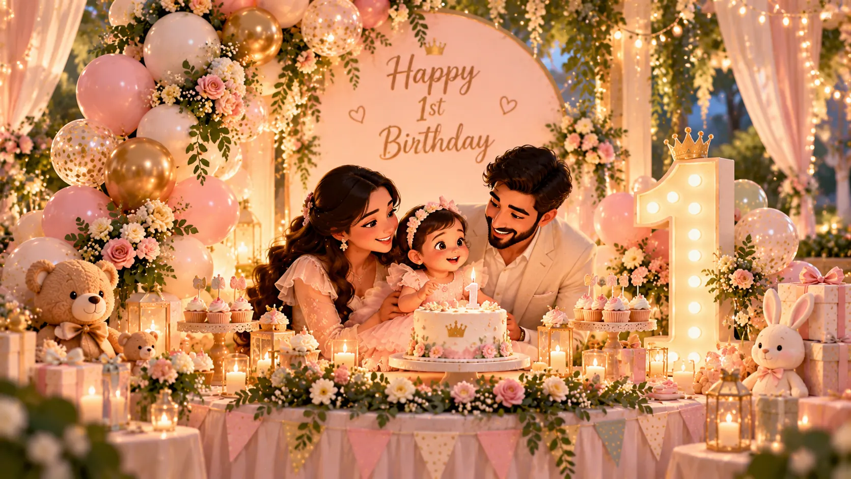 Parents and their baby around a first-birthday cake