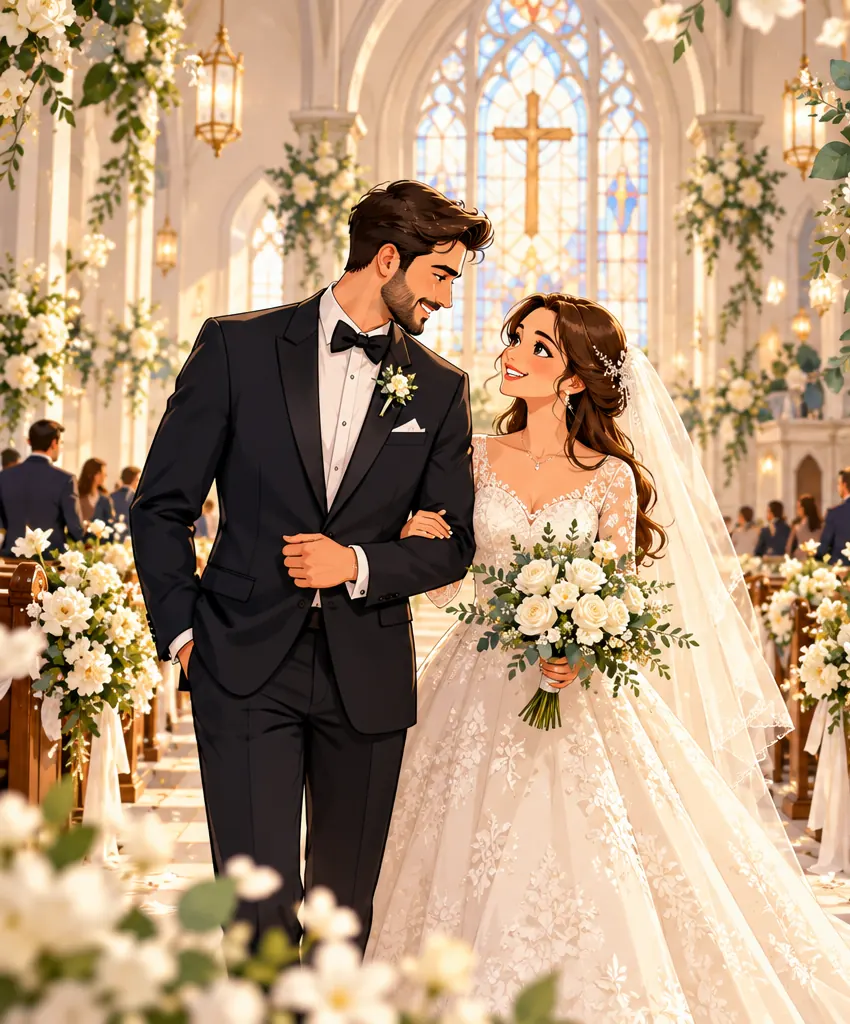 A couple walking down a flower-lined aisle