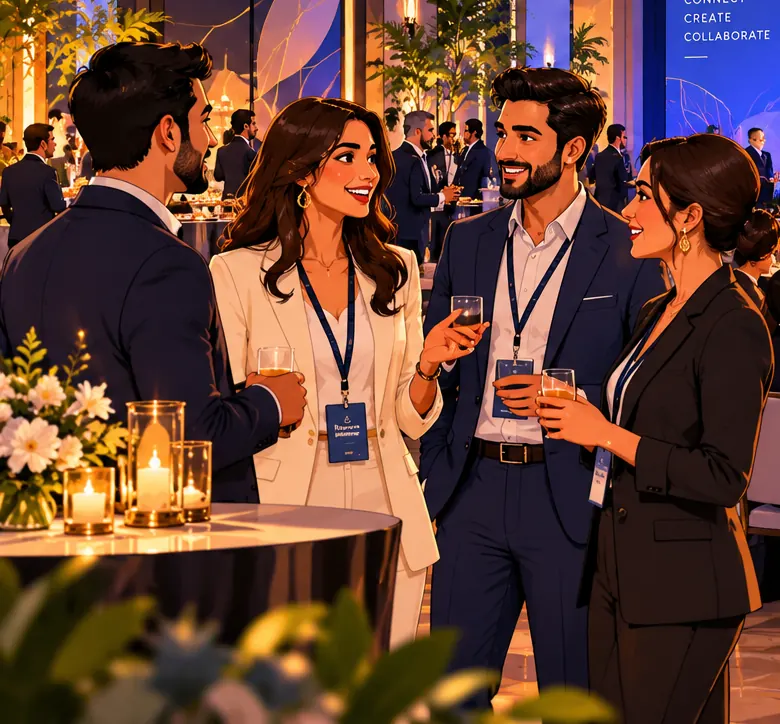 Colleagues networking at an evening event