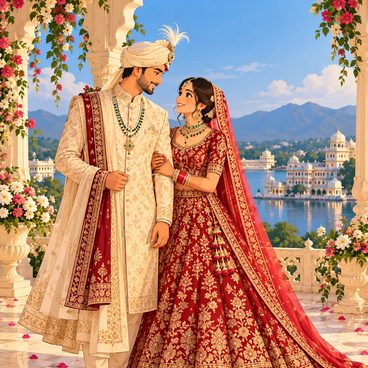 A bride and groom on a marble terrace above a lake and palaces