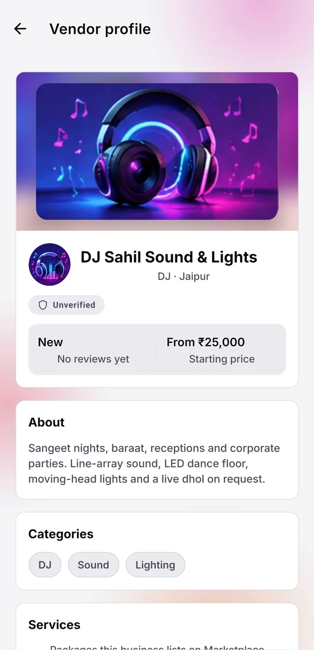 A vendor profile with services and portfolio